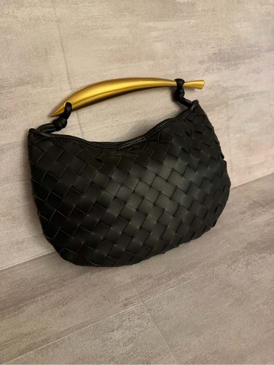 None Handbags - Black Woven Faux Leather with Top Gold Handle
